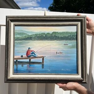 VTG Signed Original Oil Painting on Canvas Boy Fishing Sunrise Framed Wall Art